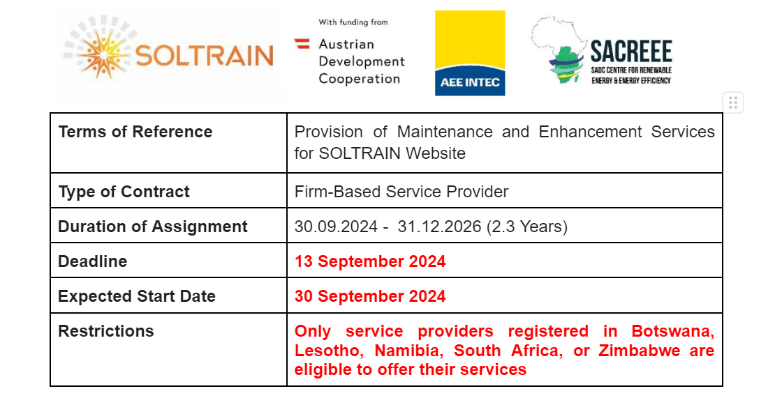 Call for Proposals (RFP) for Maintenance and Enhancement Services for SOLTRAIN Website